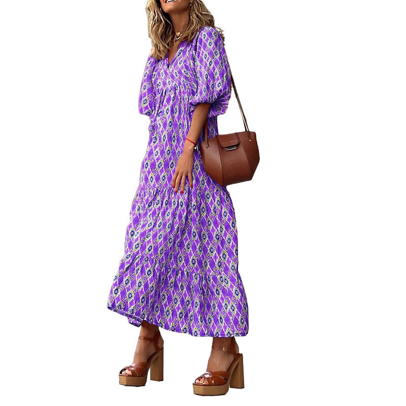 Bohemian Print Long Sleeve Flowy Maxi Dress for Women
