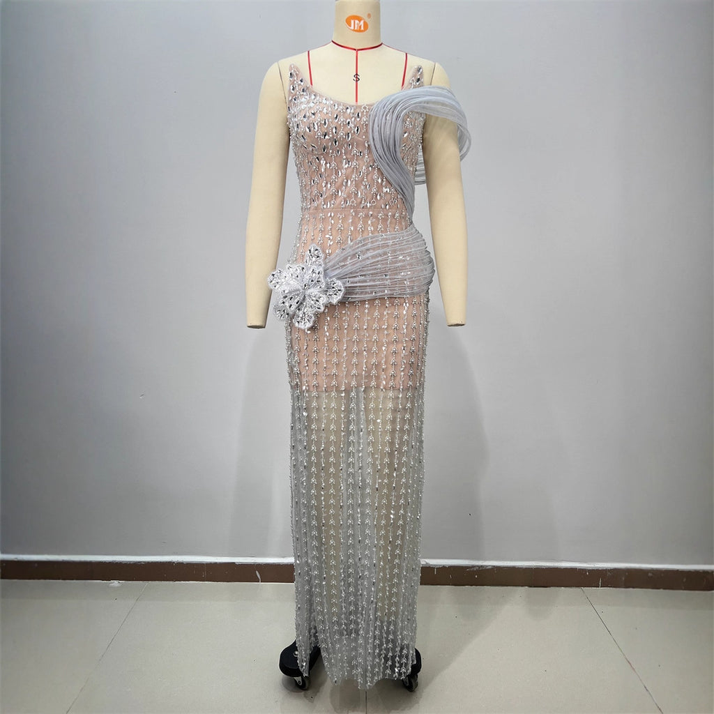 One-Shoulder Sequin Floor-Length Gown with Asymmetric Hem