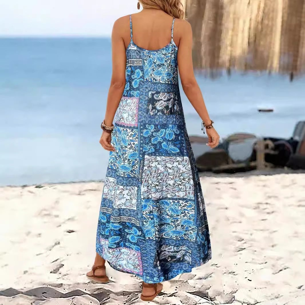 Leaf Print V-Neck Sleeveless Maxi Dress for Women