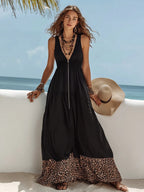 Bohemian Leopard Print V-Neck Maxi Dress for Women, Sleeveless