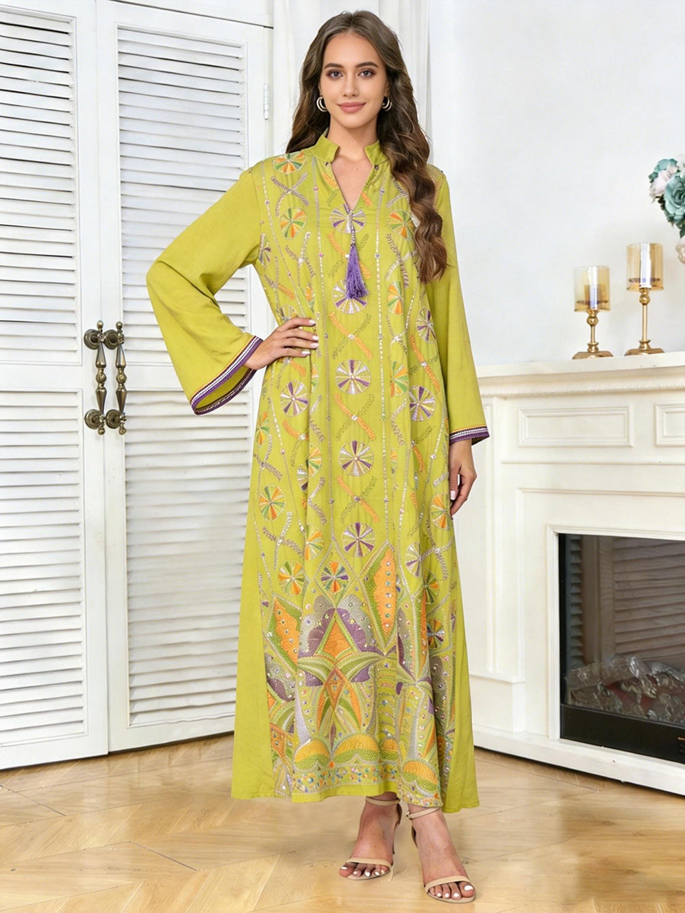 V-Neck Tassel Long-Sleeve Maxi Dress