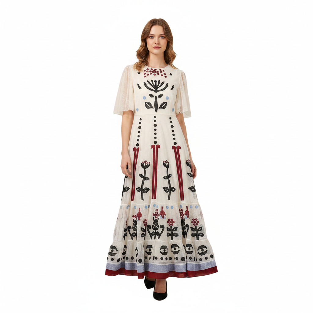 Embroidered Mesh Midi Dress for women