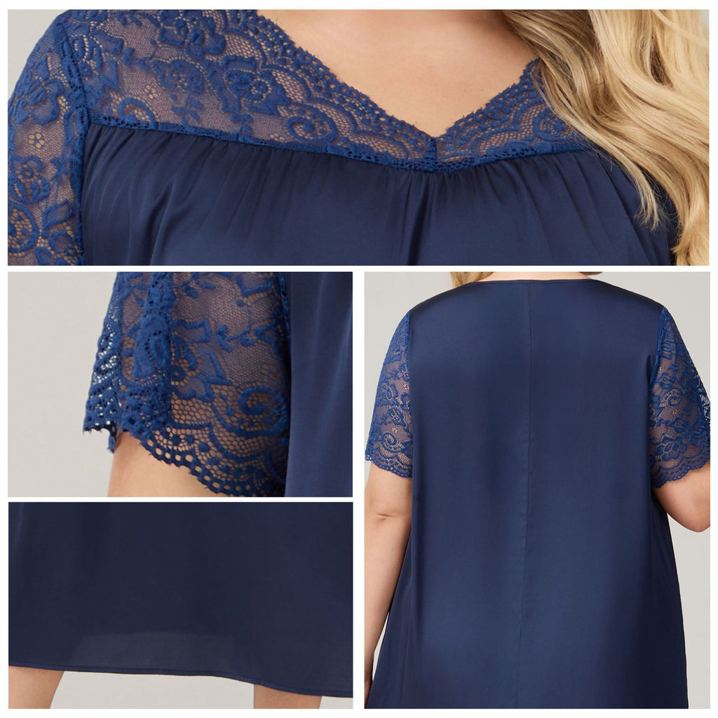 Satin Chiffon Long Nightdress for Women, Short Sleeve V-Neck, Plus Size