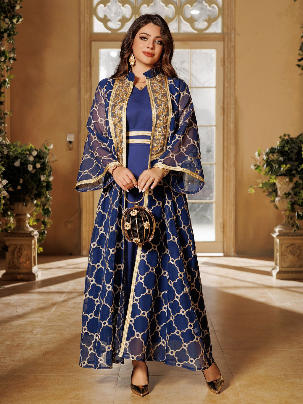 Embroidered Maxi Dress & Vest Set