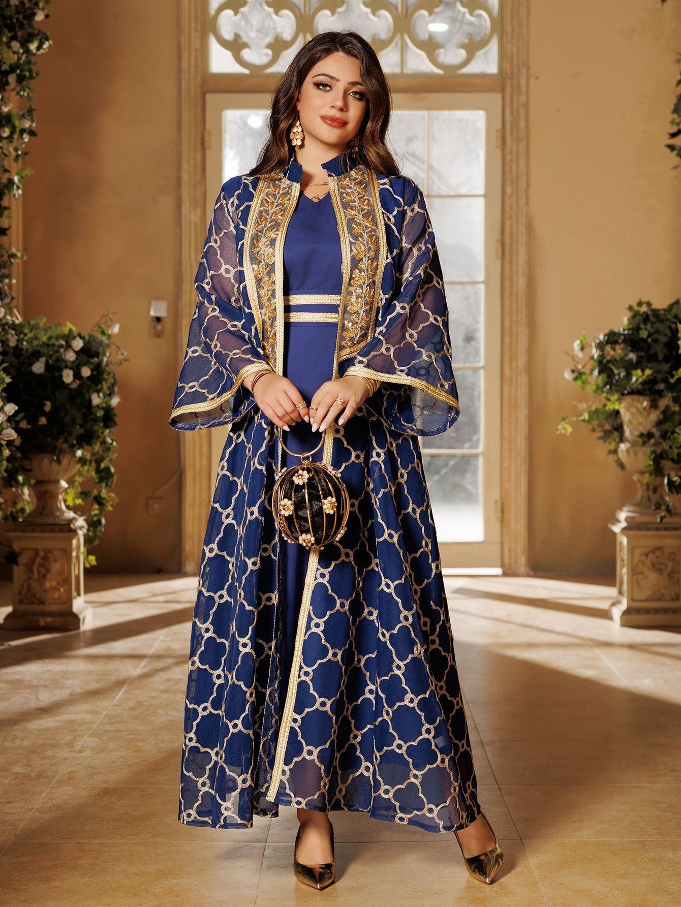Embroidered Maxi Dress & Vest Set