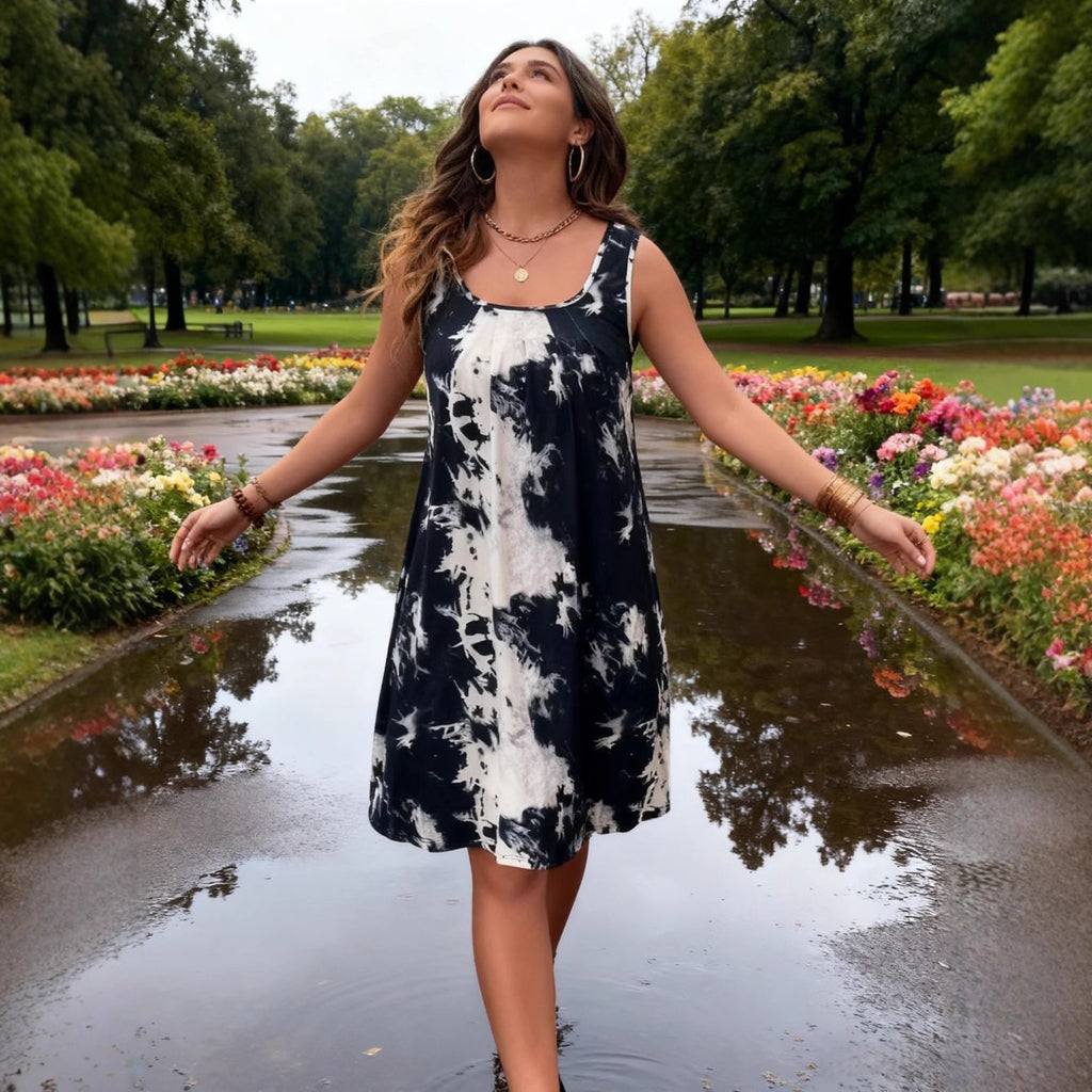 Ink-Wash Print Sleeveless Midi Dress for Women, Plus Size Beach Style