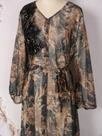 V-Neck Lace-Up Long-Sleeve Maxi Dress