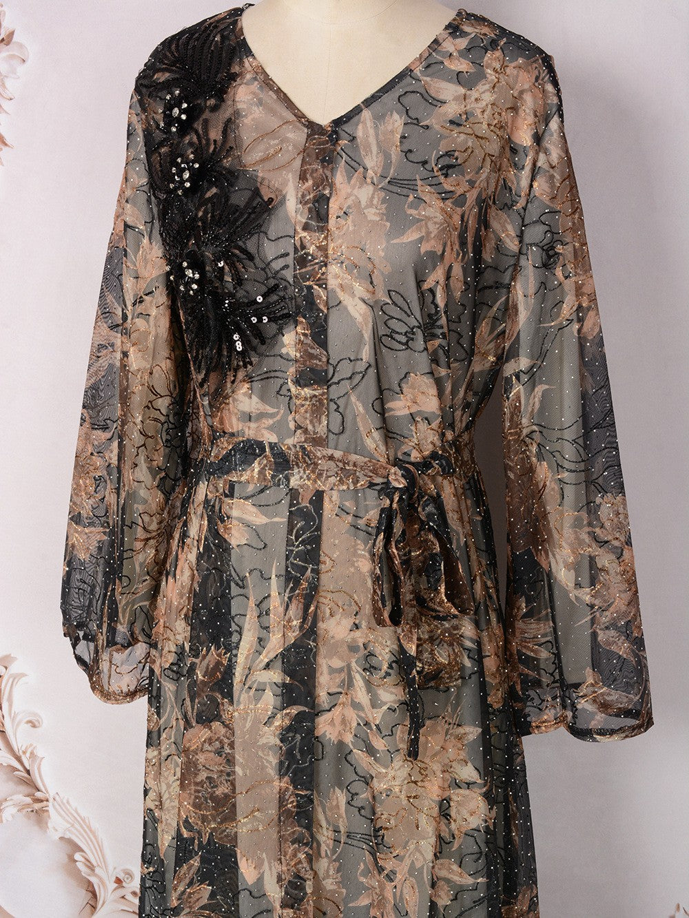 V-Neck Lace-Up Long-Sleeve Maxi Dress