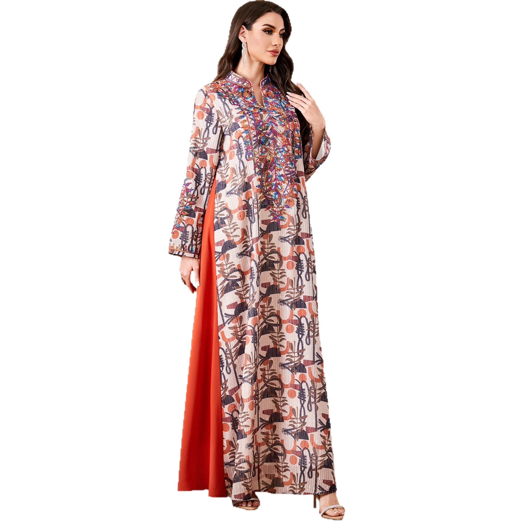 Orange Embroidered Robe Maxi Dress