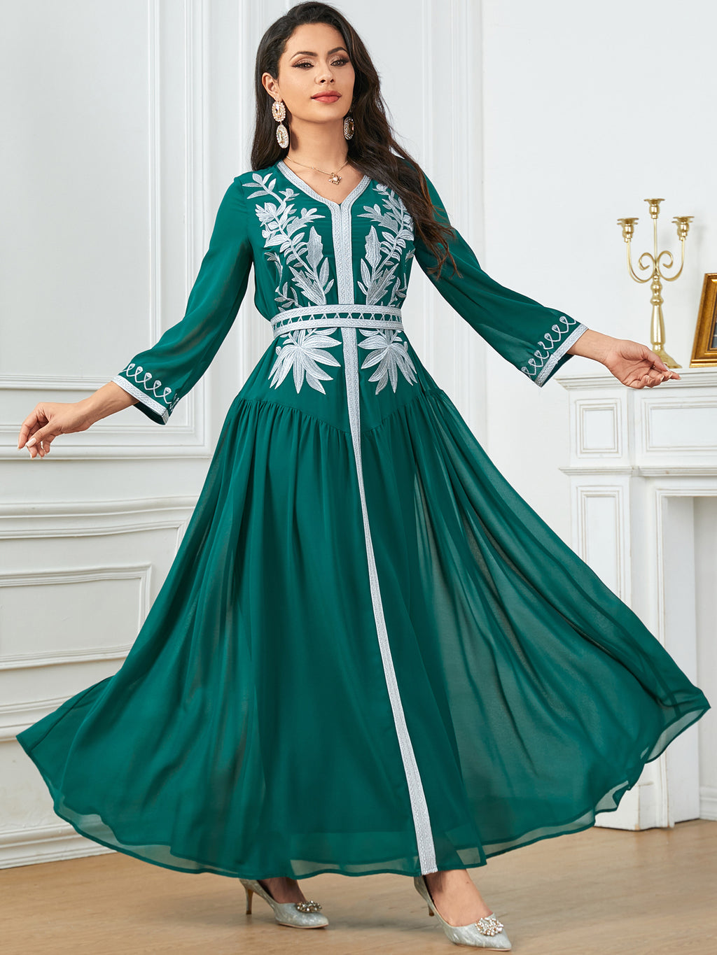 Embroidered V-Neck Robe Maxi Dress