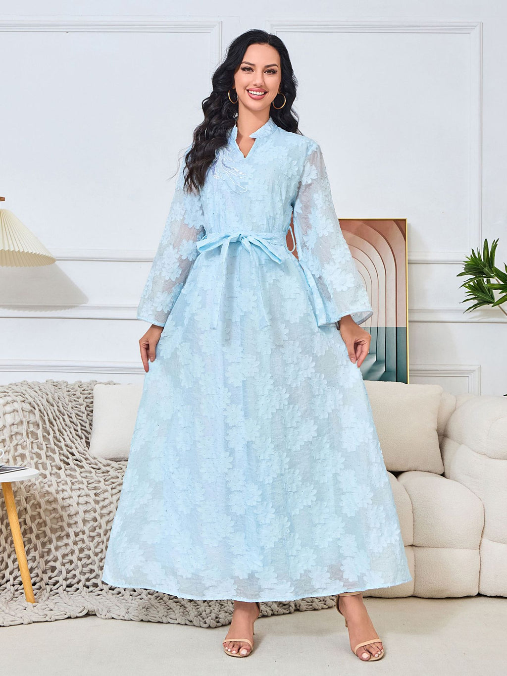 V-Neck Lace-Up Long-Sleeve Maxi Dress, Apricot & Light Blue