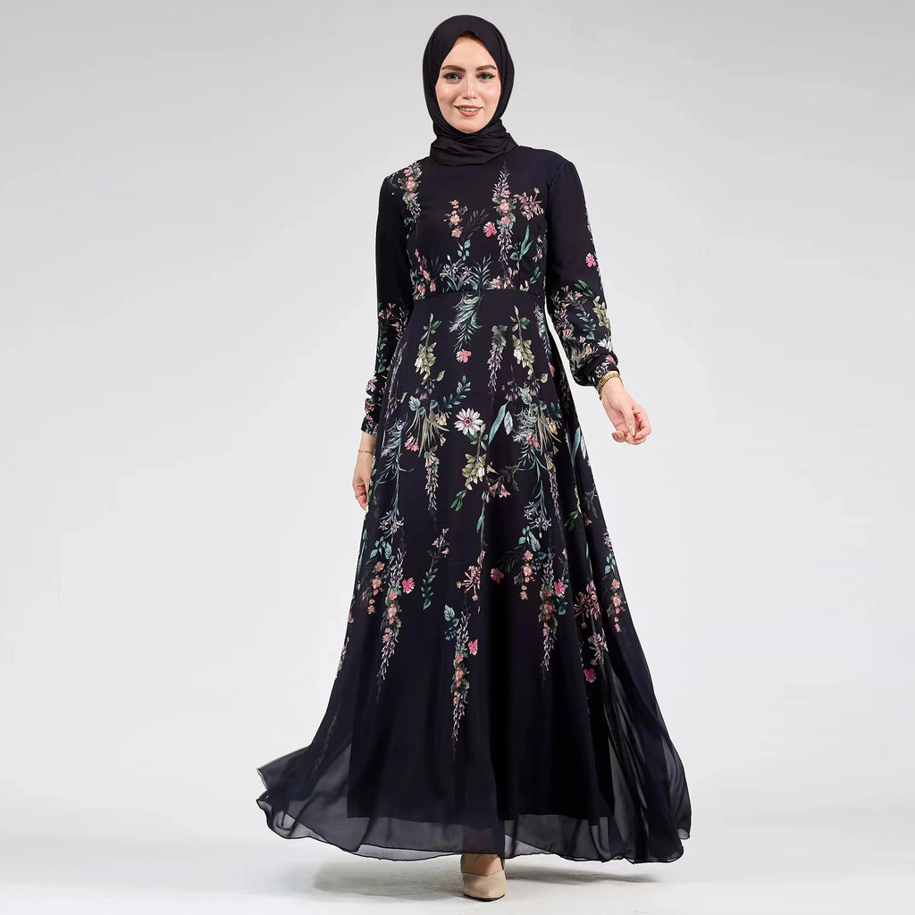 Printed Stand-Collar Long-Sleeve Maxi Dress