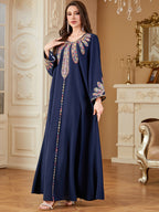 Navy Embroidered A-Line Maxi Dress