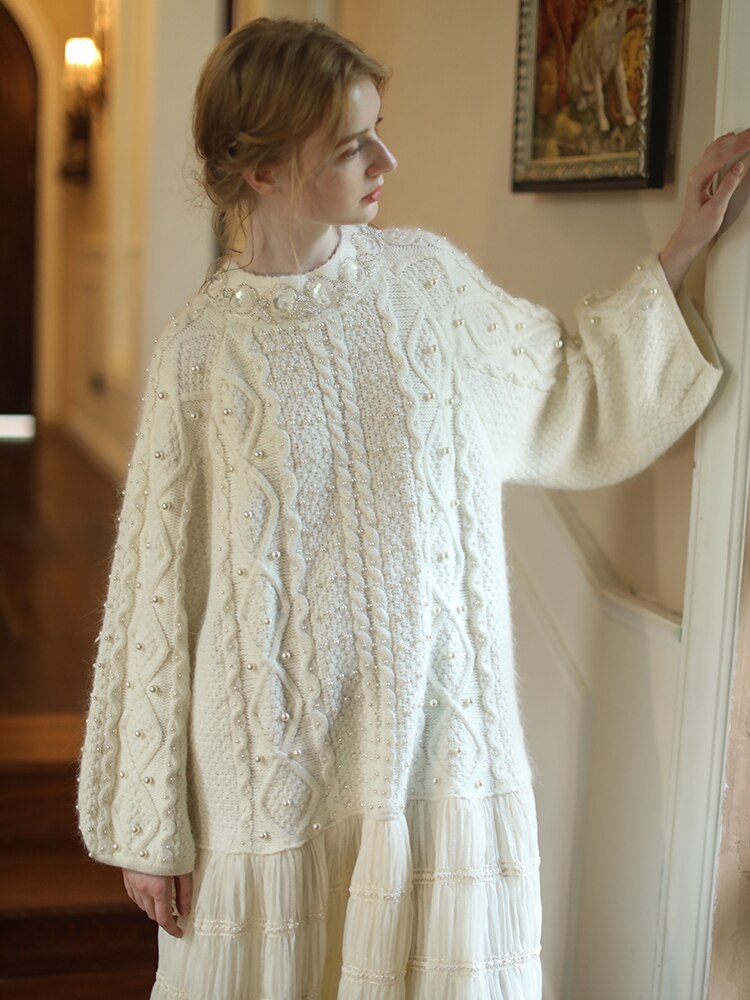 Handmade Beaded Wool Sweater Dress with Full Skirt in White