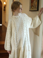 Handmade Beaded Wool Sweater Dress with Full Skirt in White