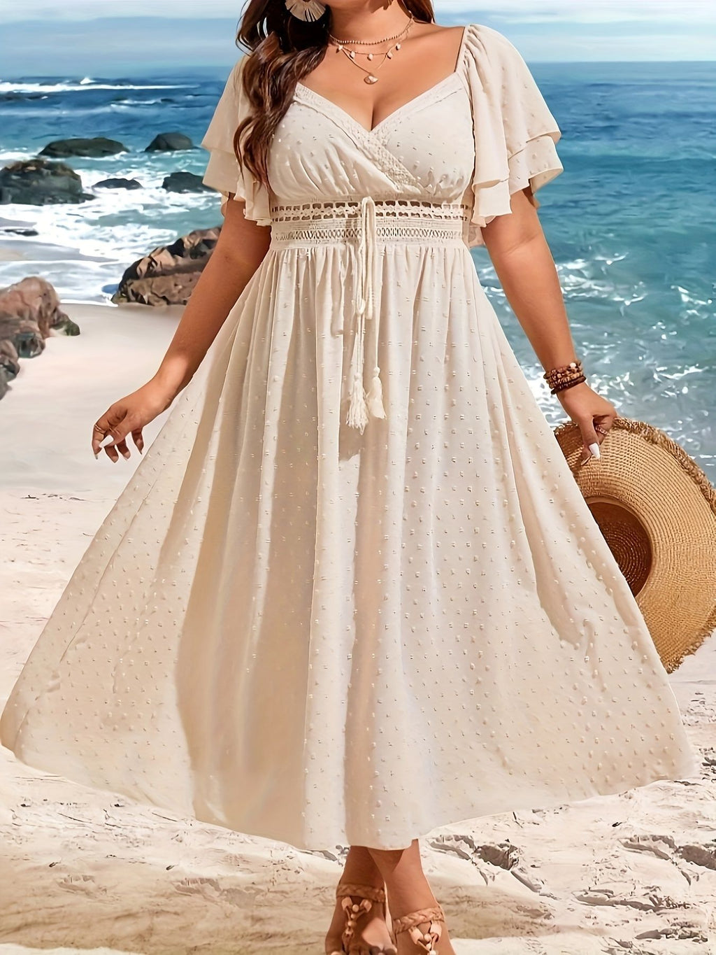 Hollow Lace Tie-Waist V-Neck Maxi Dress for Women, Plus Size