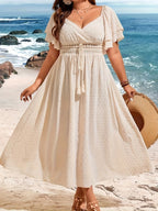 Hollow Lace Tie-Waist V-Neck Maxi Dress for Women, Plus Size