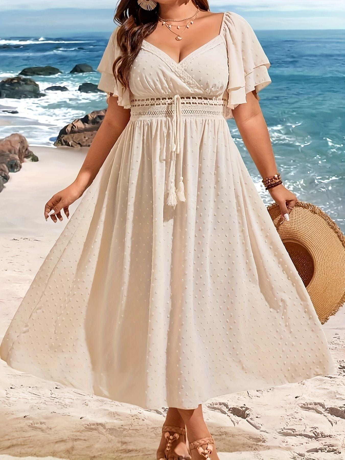 Hollow Lace Tie-Waist V-Neck Maxi Dress for Women, Plus Size