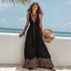 Bohemian Leopard Print V-Neck Maxi Dress for Women, Sleeveless