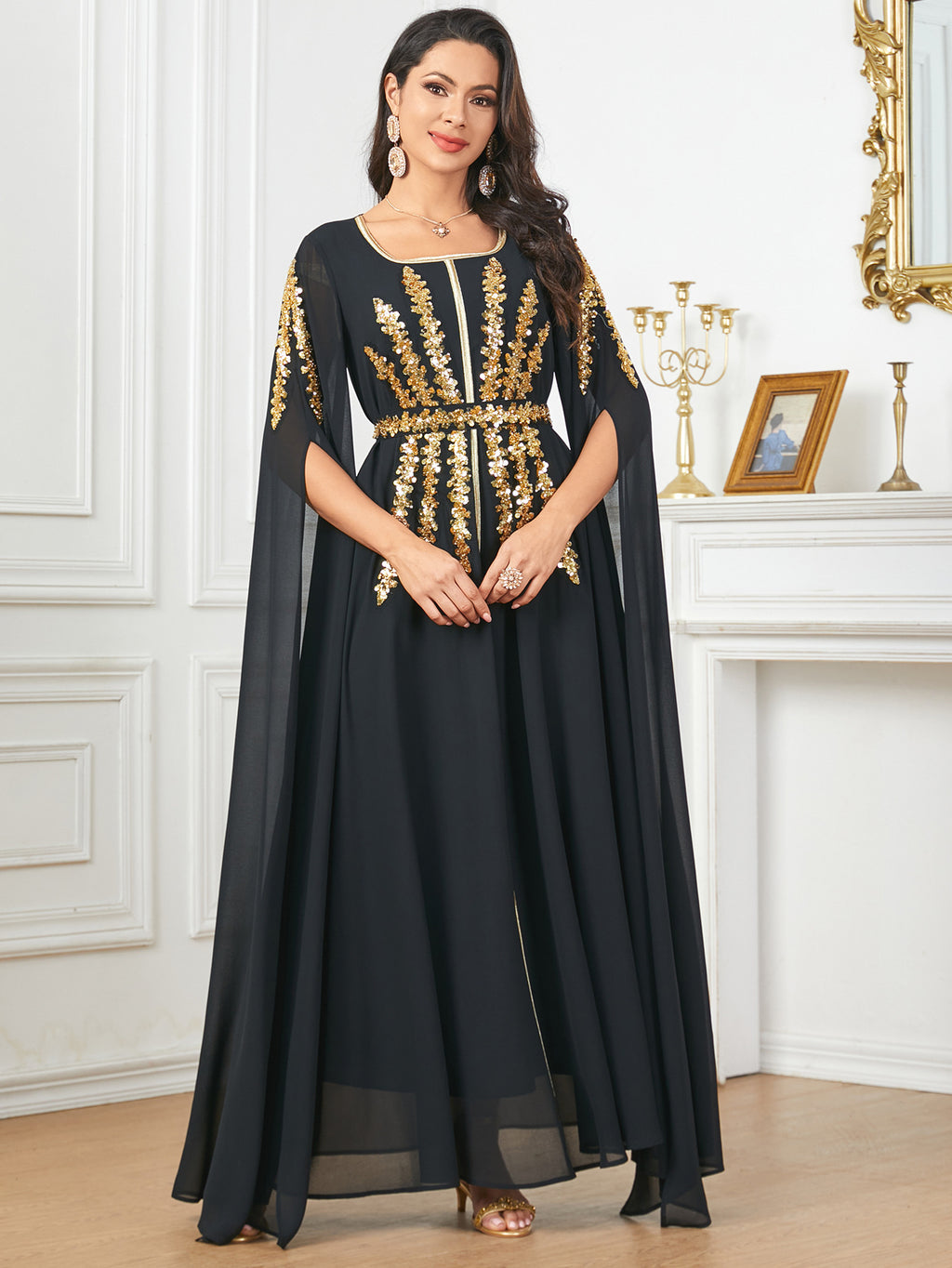 Beaded Flared-Sleeve Evening Maxi Dress