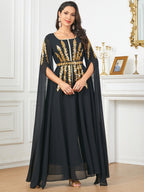 Beaded Flared-Sleeve Evening Maxi Dress