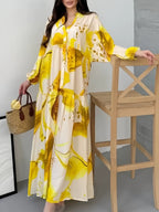Printed V-Neck Long-Sleeve Loose Maxi Dress