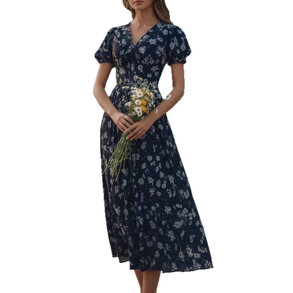 Floral V-Neck Loose Short-Sleeve Maxi Dress for Women