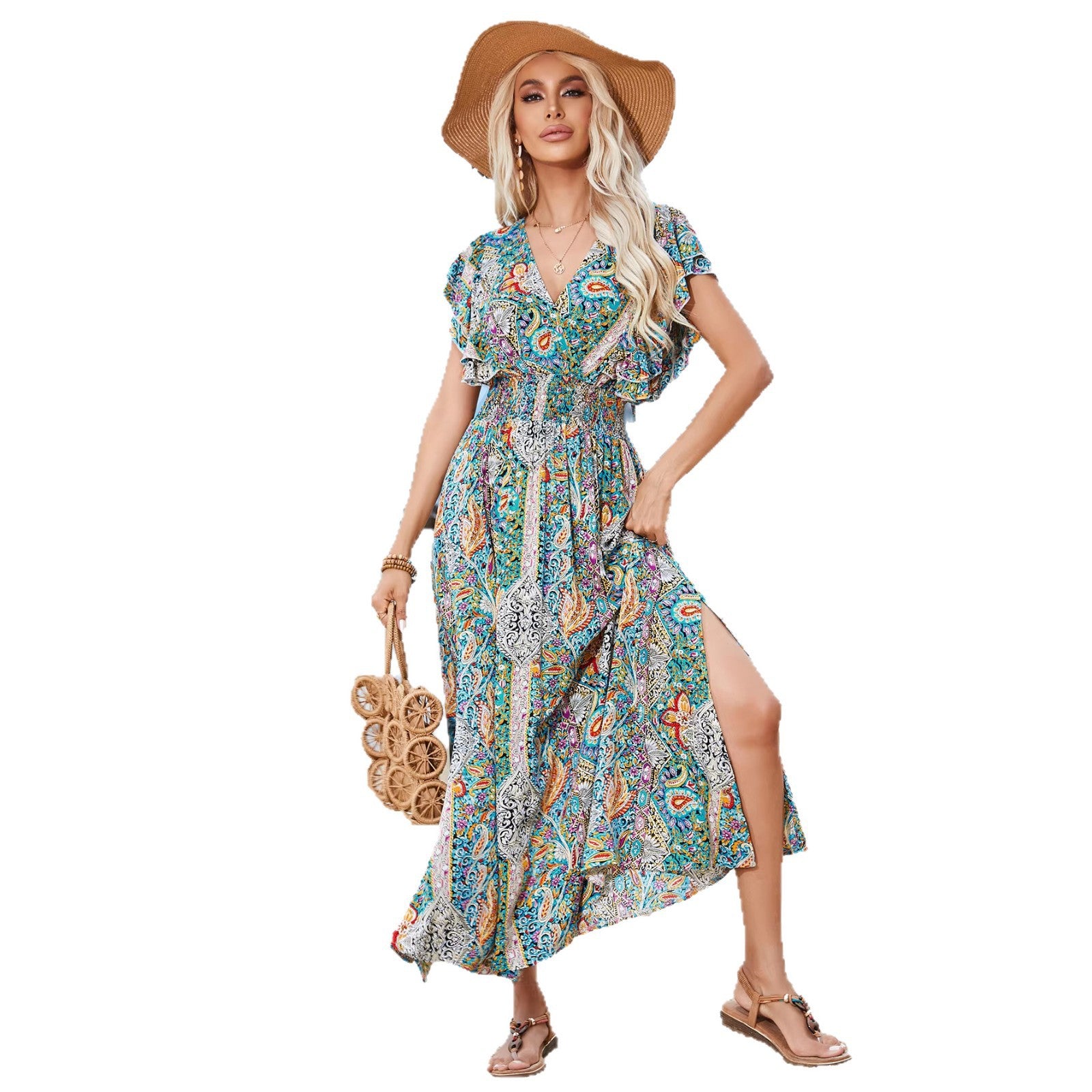 Printed V-Neck Maxi Dress, Side Slit Main image