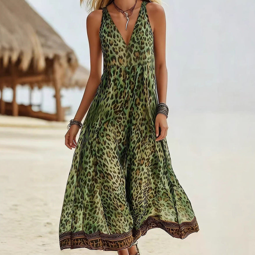 Printed Sleeveless V-Neck A-Line Maxi Dress