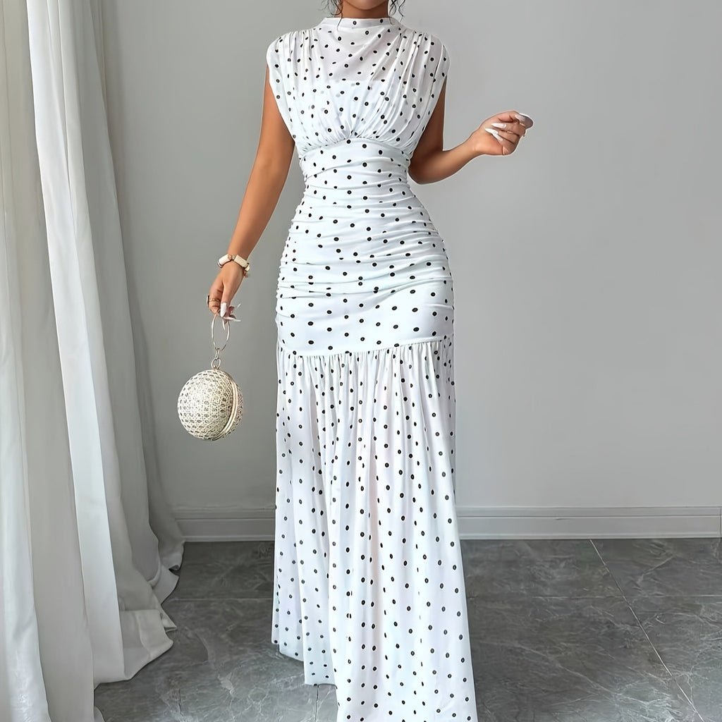 Polka Dot Pleated Sleeveless Maxi Dress