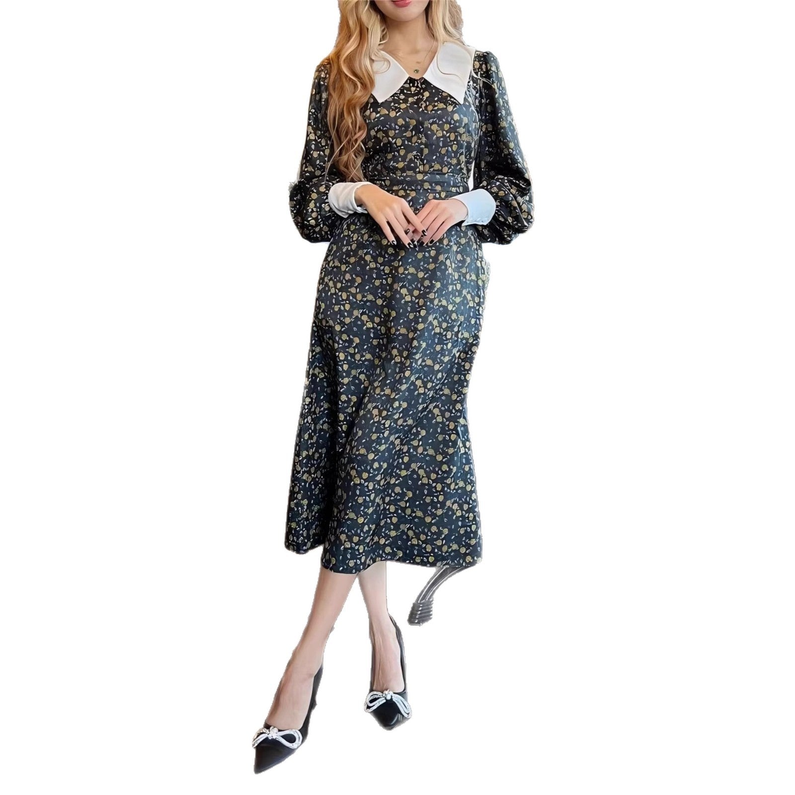 Floral Peter Pan Collar Midi Dress for Women, Long Sleeve