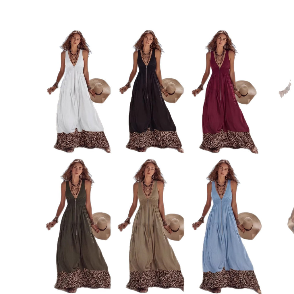 Bohemian Leopard Print V-Neck Maxi Dress for Women, Sleeveless