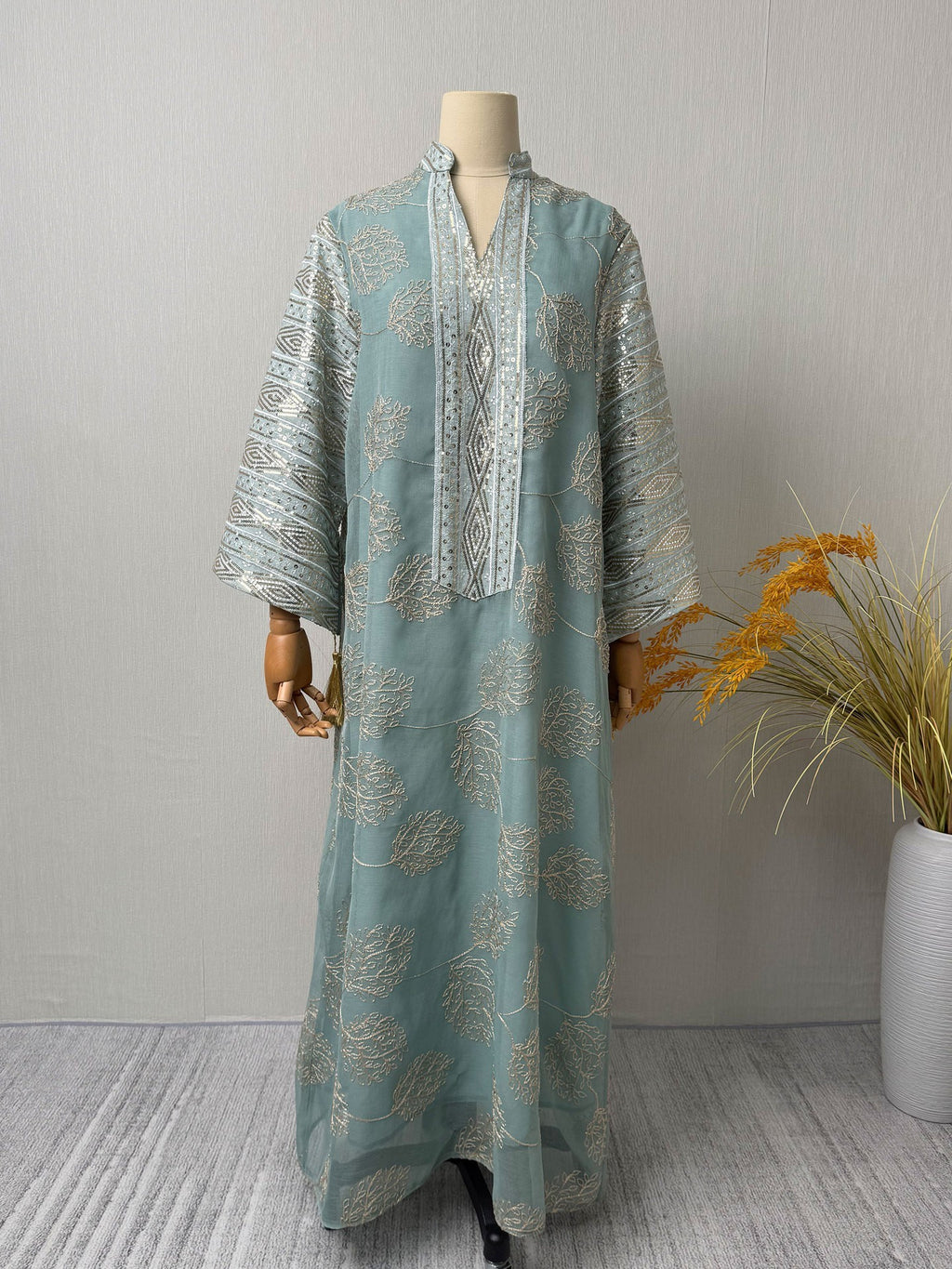 Embroidered Floral Maxi Dress, Long Sleeve