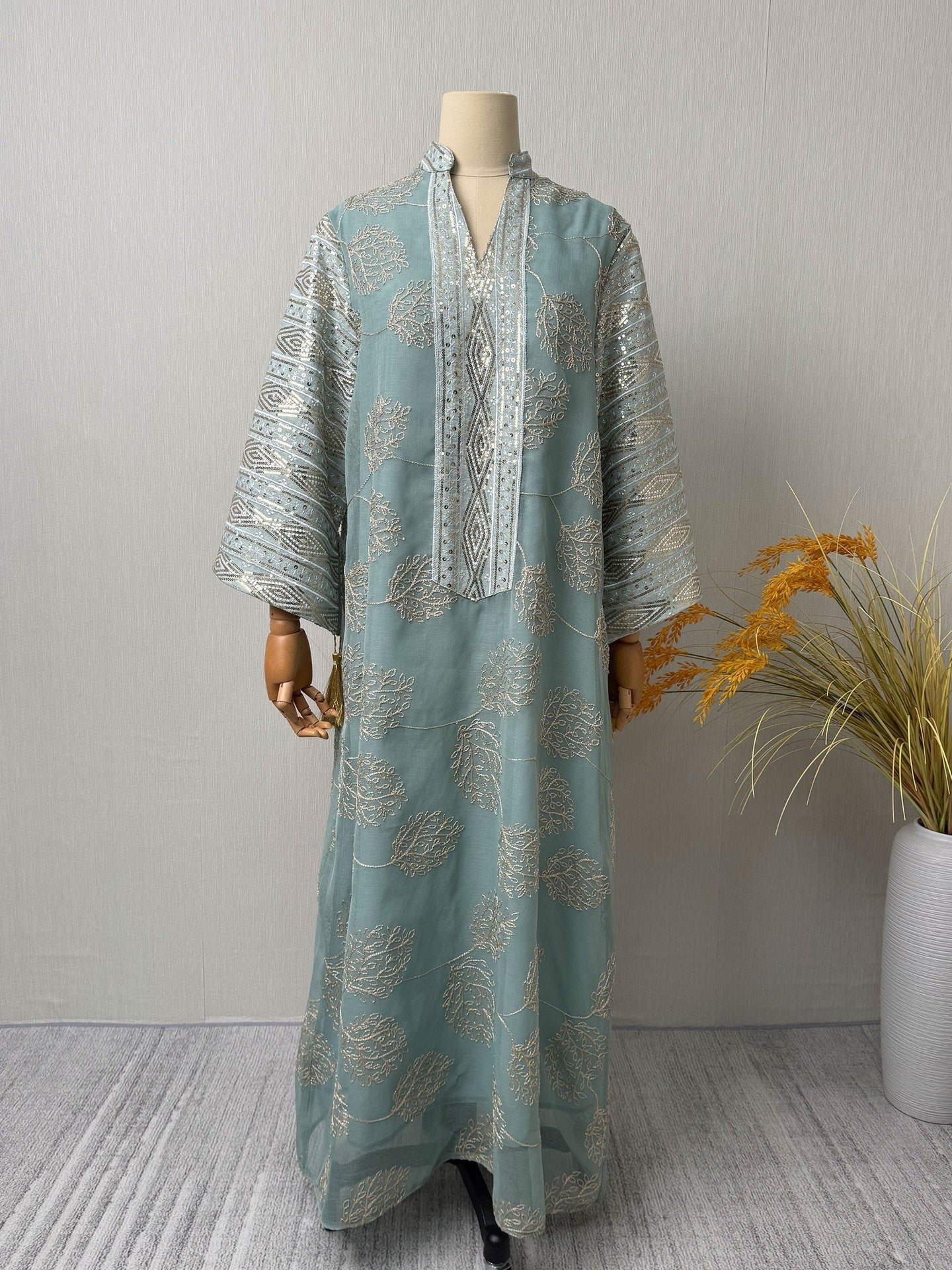 Embroidered Floral Maxi Dress, Long Sleeve