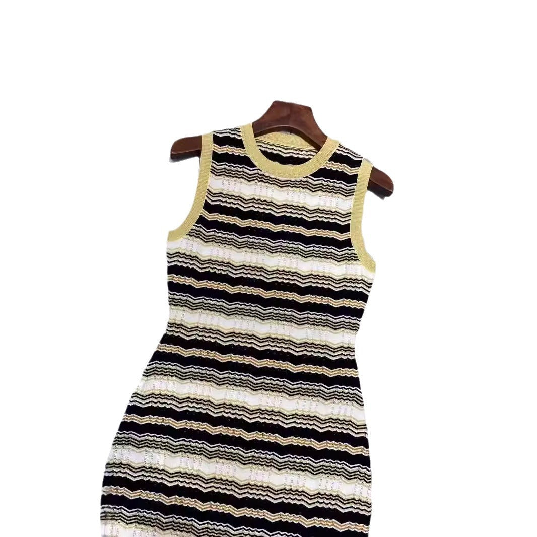 Striped Jacquard Knitted Sleeveless Waist-Cinching Dress for Women