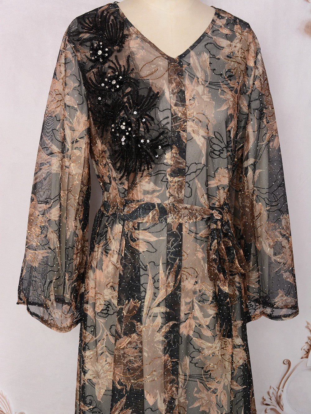 V-Neck Lace-Up Long-Sleeve Maxi Dress