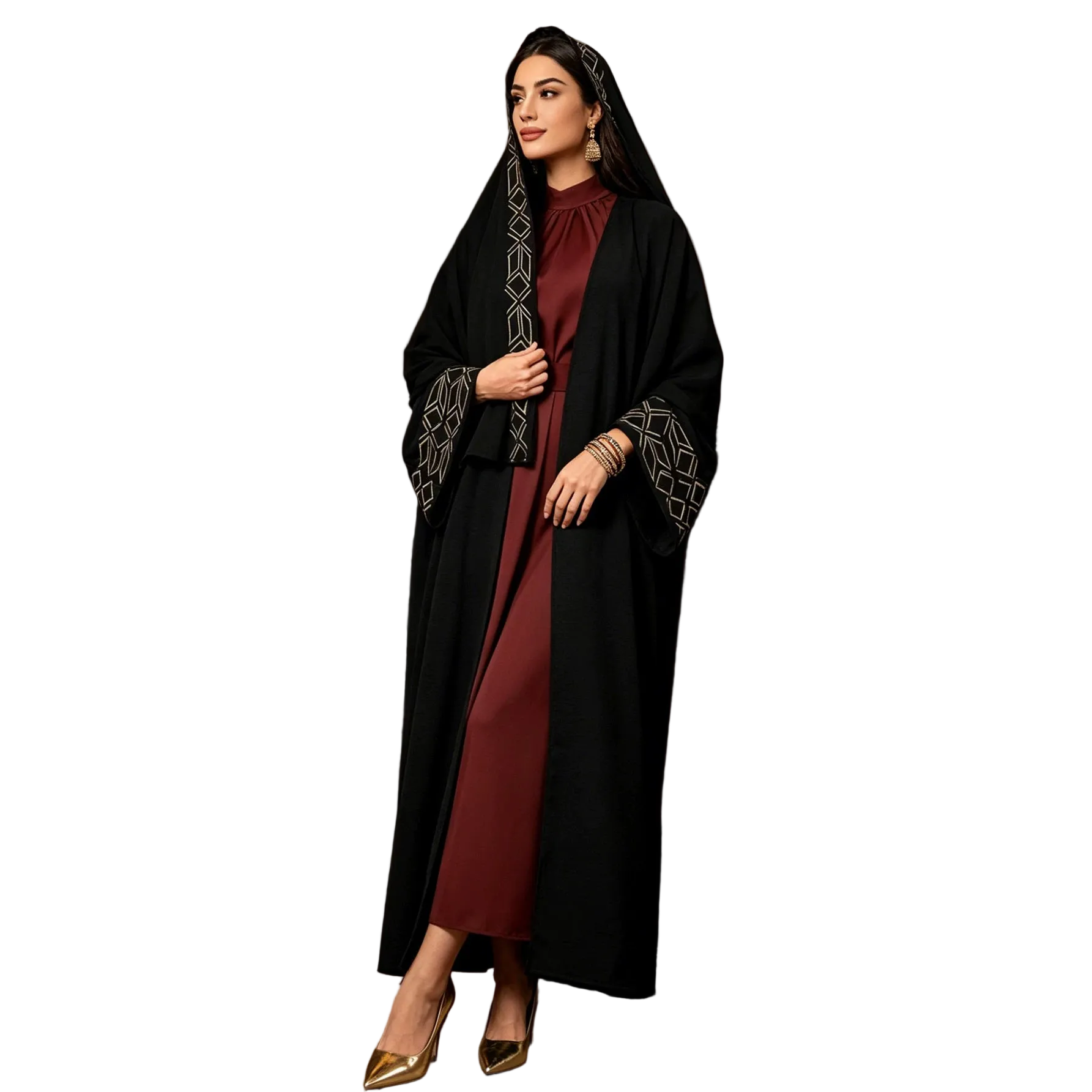 Black Embroidered Robe Dress for women with long sleeves Main image