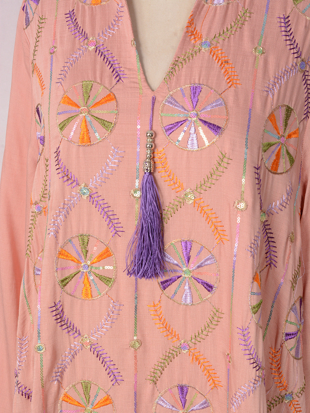 V-Neck Tassel Long-Sleeve Maxi Dress