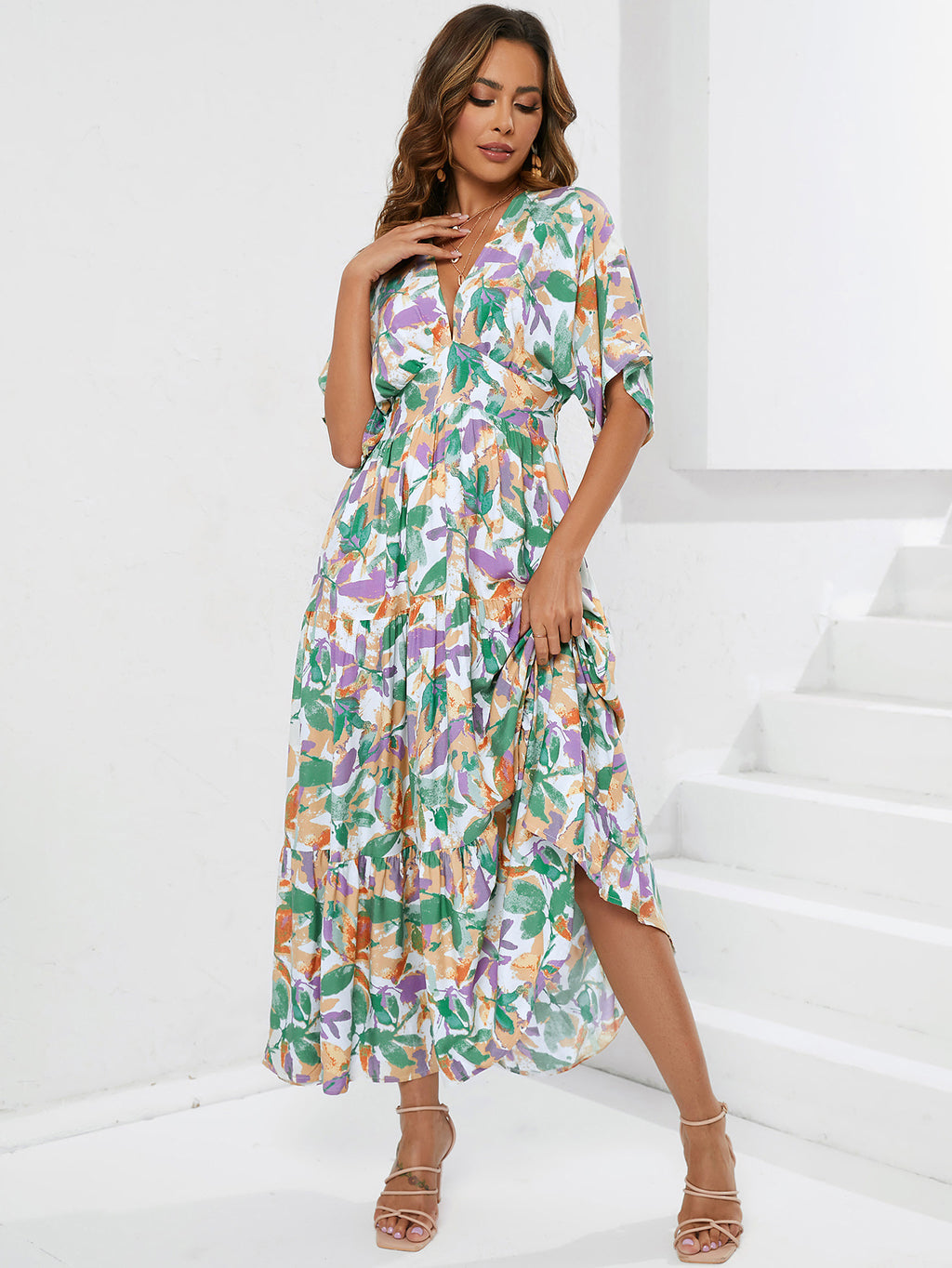 Cinched-Waist Printed Maxi Dress