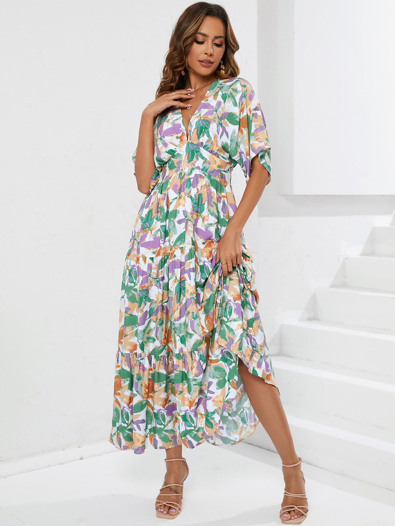 Cinched-Waist Printed Maxi Dress