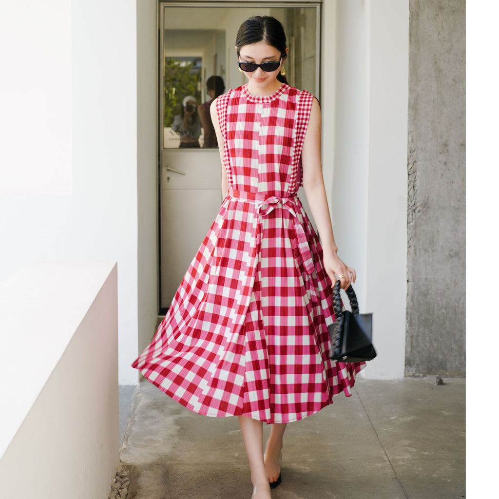 Checkered Belted A-Line Maxi Dress for Women, Sleeveless