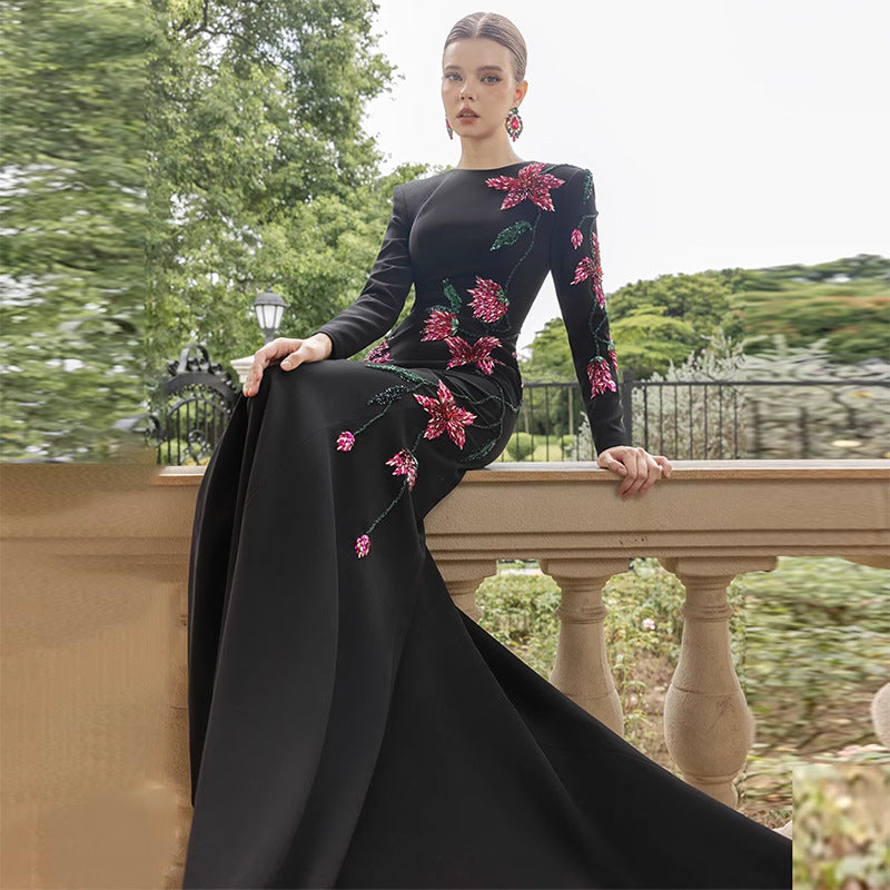 Long Sleeve Embellished Stand-Collar Gown with Train Detail