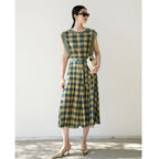 Checkered Belted A-Line Maxi Dress for Women, Sleeveless