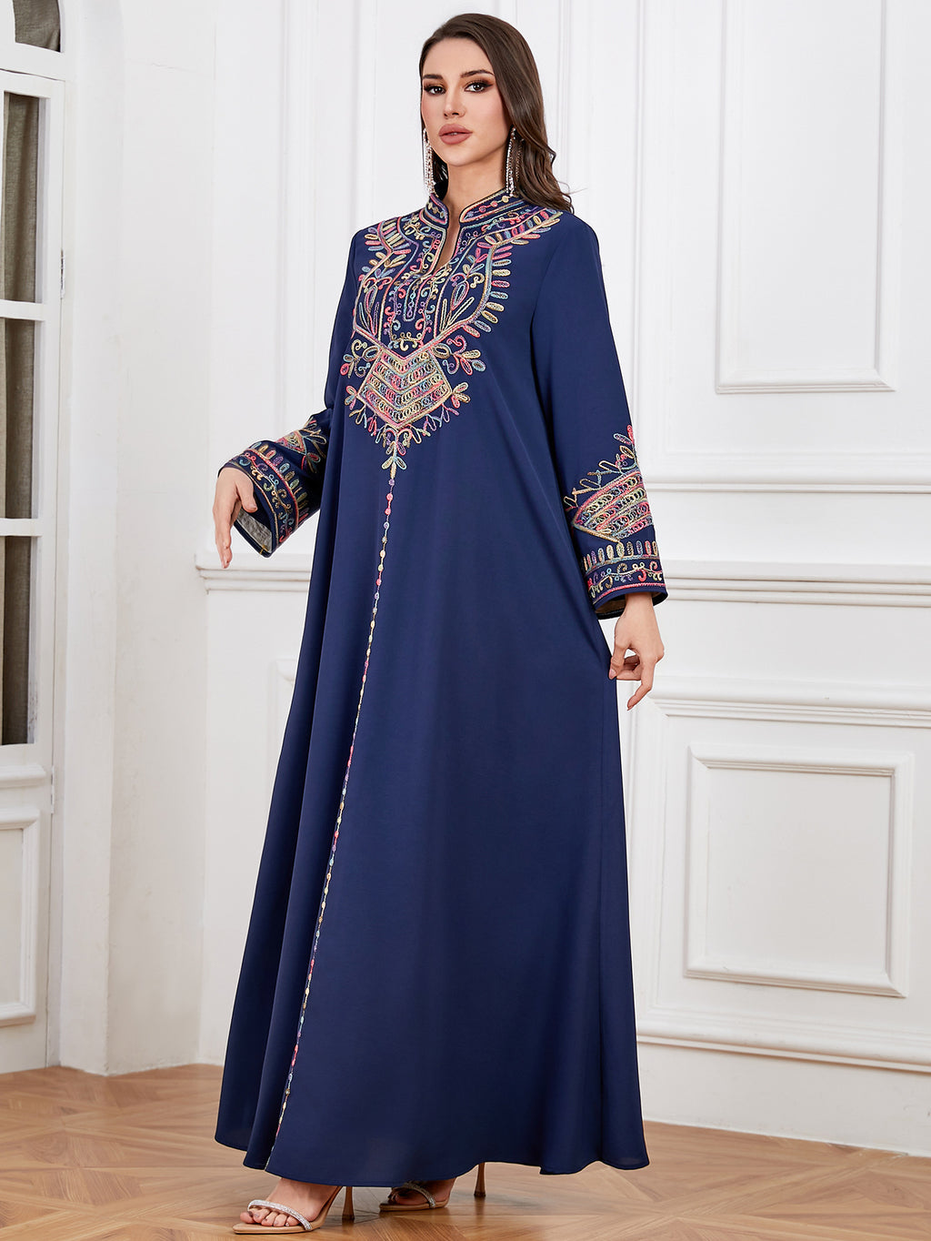 Navy Rope-Embroidered Robe Dress