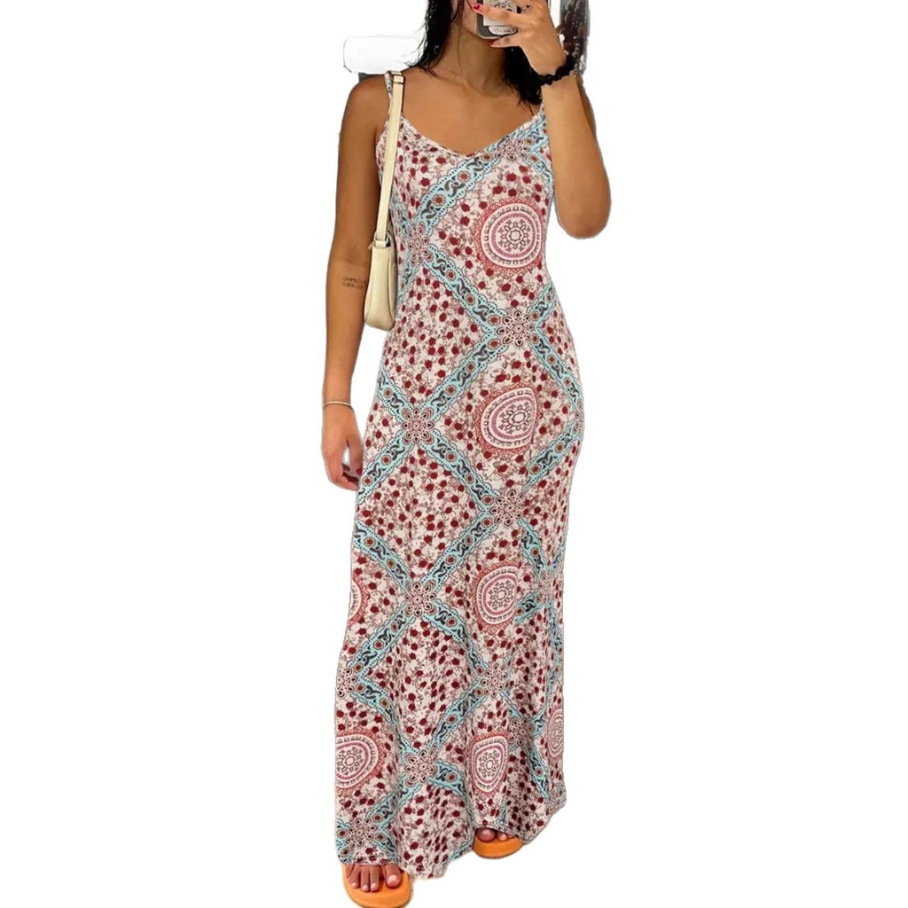 Printed Strapless Backless Maxi Dress for Women, V-Neck