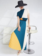 Contrast Color Pleated Two-Piece Skirt Set for Women