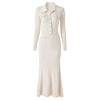Knitted Diamond-Button Long Sleeve Maxi Dress for Women, Pocketed