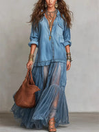 Denim-Look Chiffon Maxi Dress