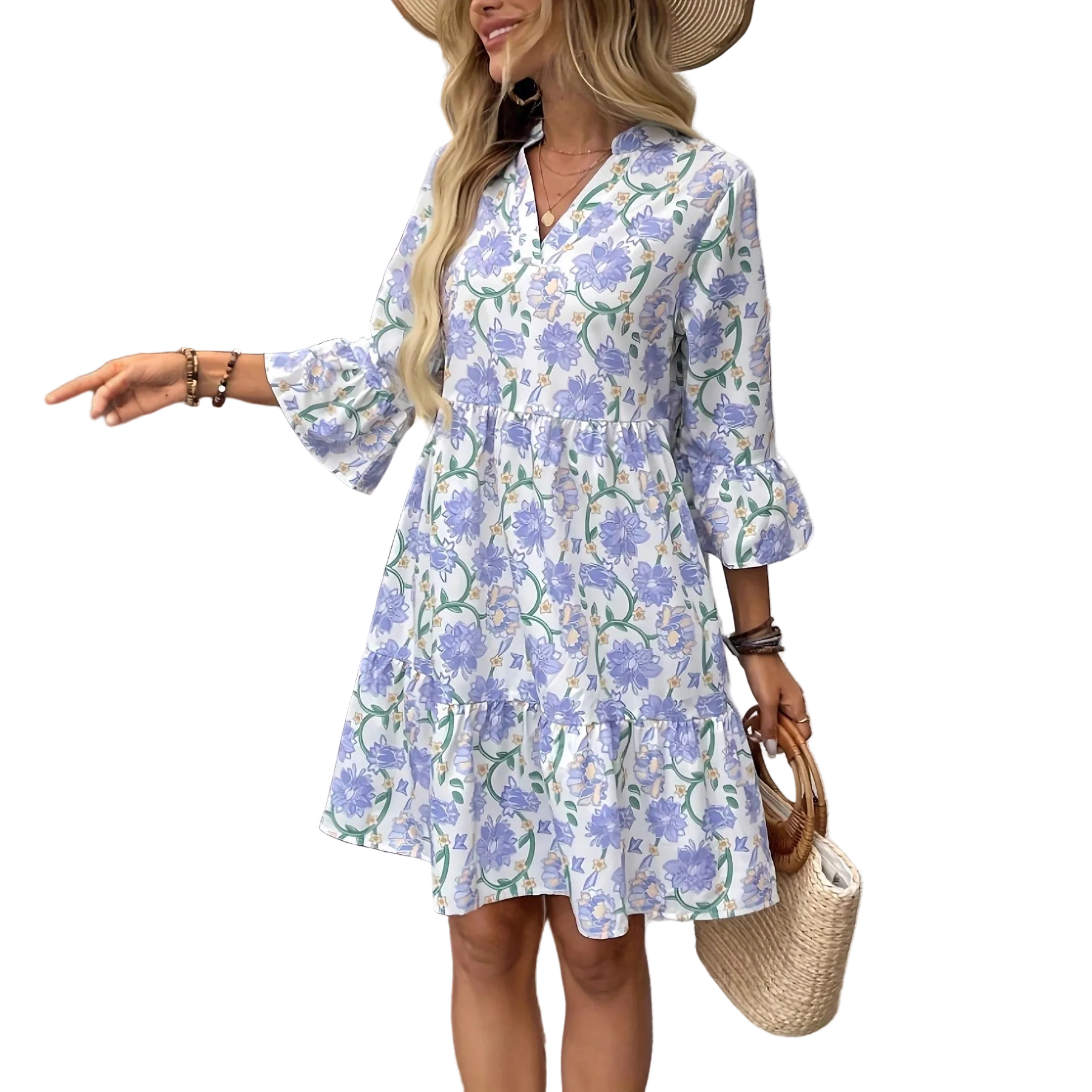 Floral Bell-Sleeve Midi Dress for women with a V neck design Main image