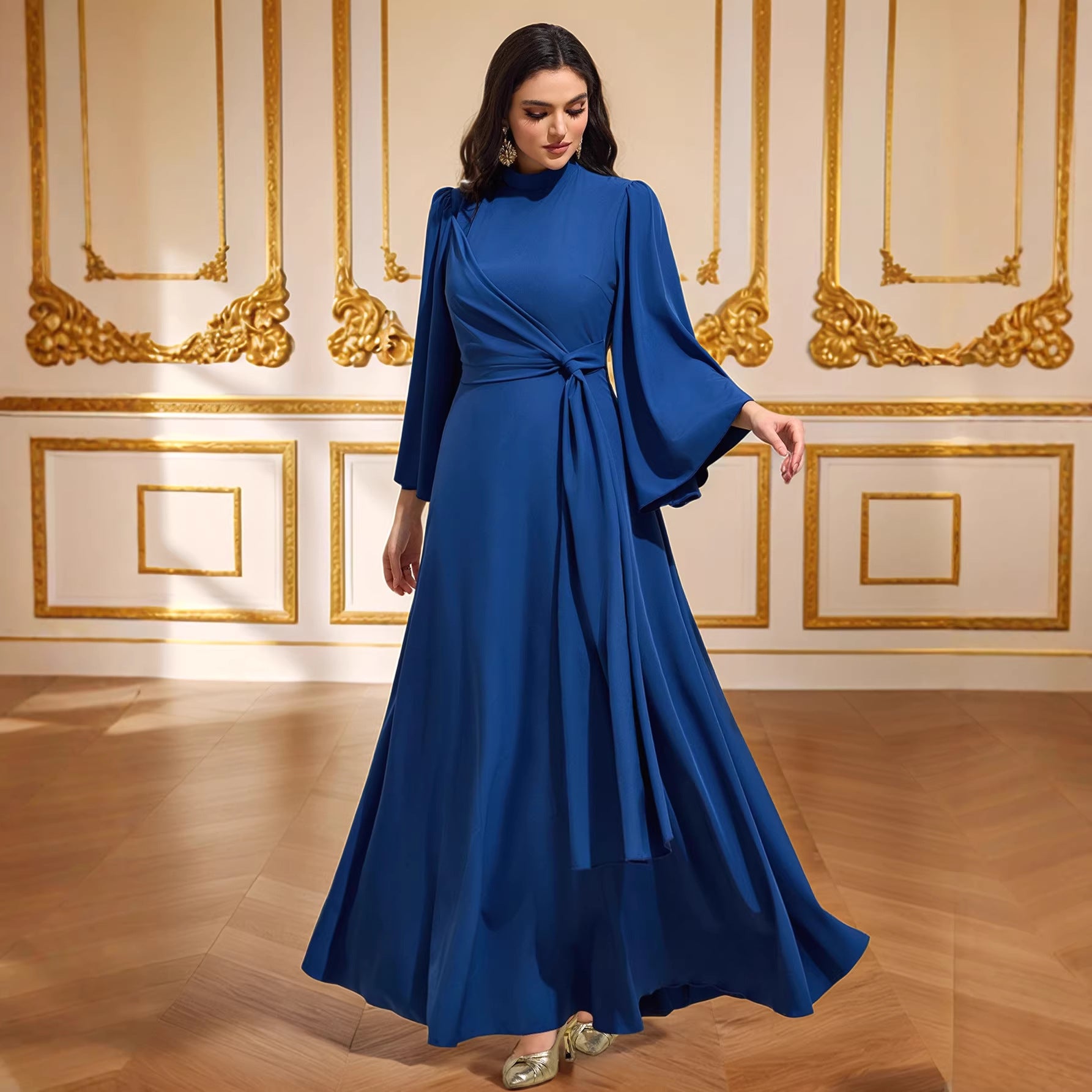 Cyan Blue Waist-Cinching Stretch Maxi Dress